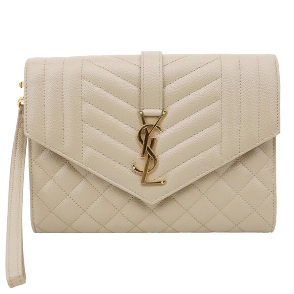 Yves Saint Laurent  Monogram Envelope Grain De Poudre Leather Clutch Beige - Picture 1 of 14